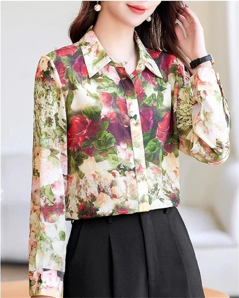 Vintage Rose Print Women Casual Shirts