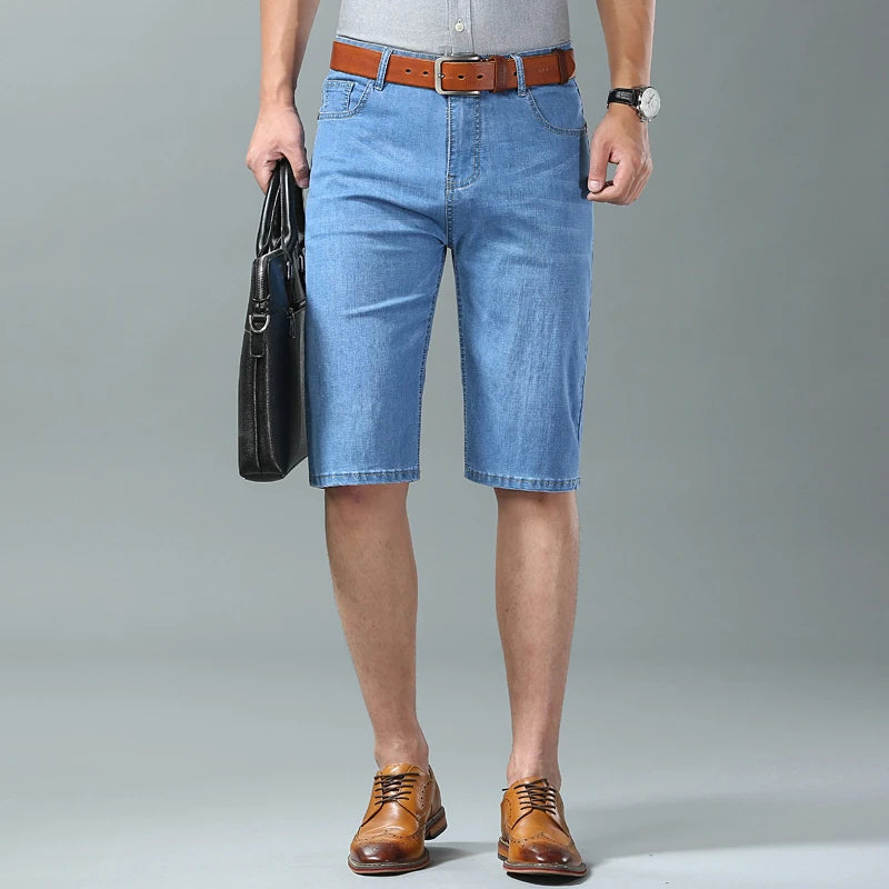 Men Denim Shorts New Style Thin Embroidery Business Casual Straight  Short Jeans