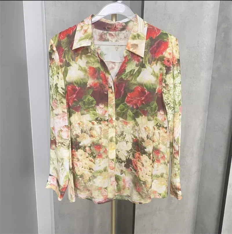 Vintage Rose Print Women Casual Shirts