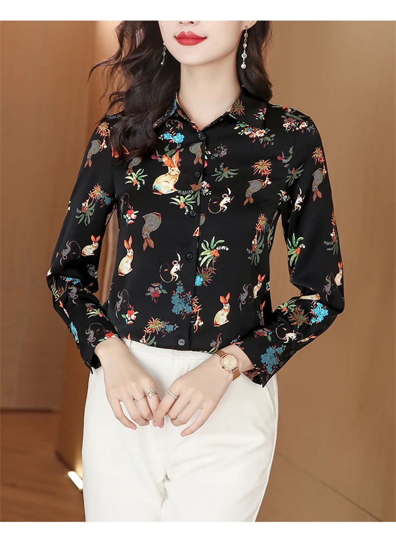 Blusas mujer Black Rabbit Print Blouse Shirts Women