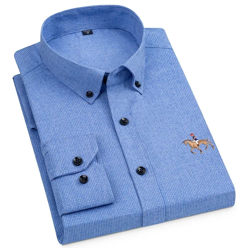 Non-iron Horse Embroidery Solid Soft Wrinkle  Ice Slik Men's Shirt Long Sleeve England StyleSlim Fit