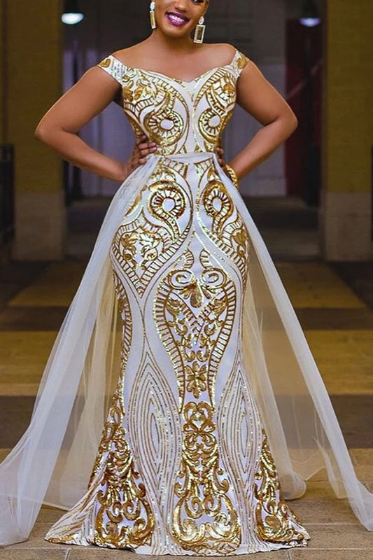 Plus Size Formal Wedding Royal Appliques Off The Shoulder Maxi Dress