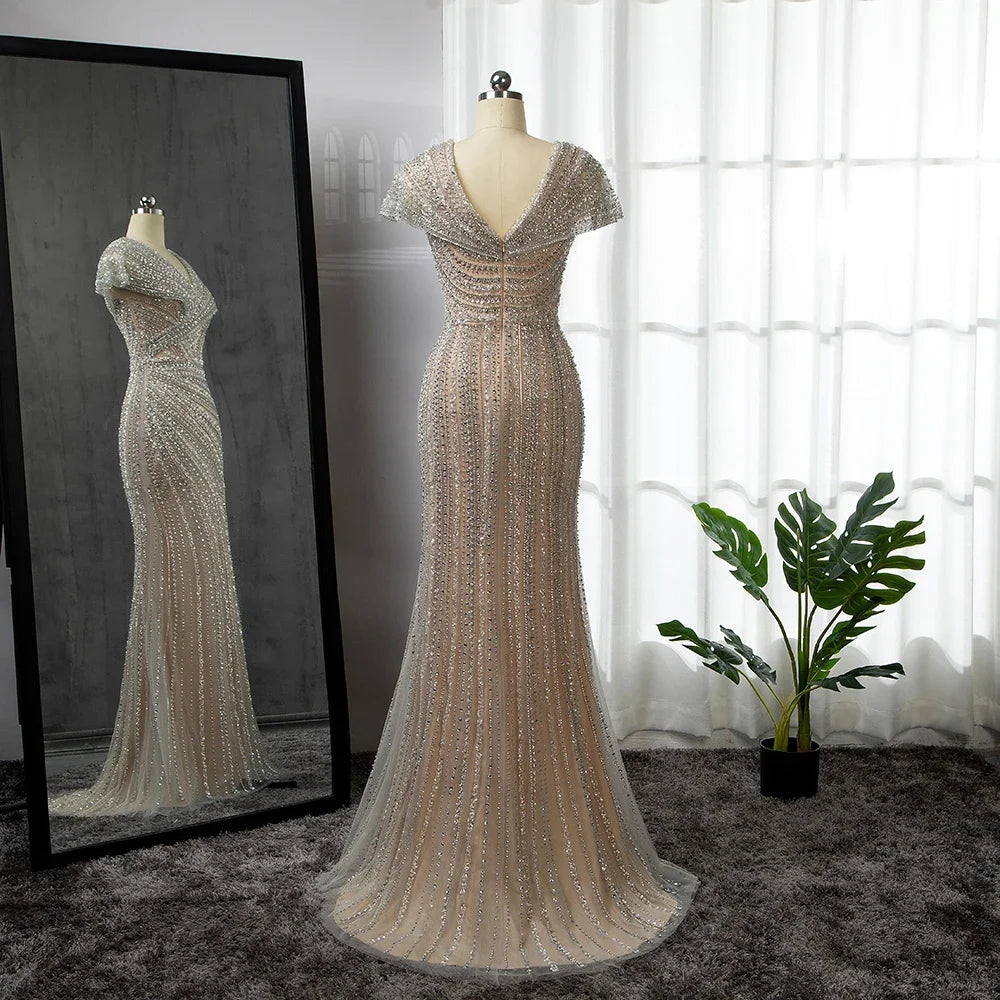 Serene Hill Silver Mermaid Elegant Evening Gowns Beaded Luxury Sparkle