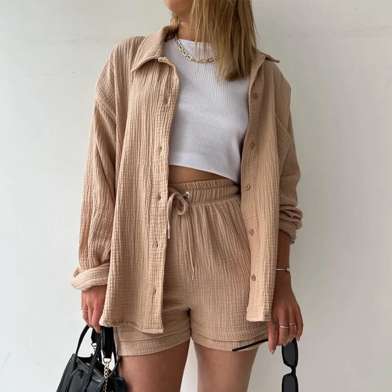 Women's Wrinkled Lapel Long-sleeved Shirt High-waist Drawstring Shorts Commuter Fashion Casual Two-piece Set