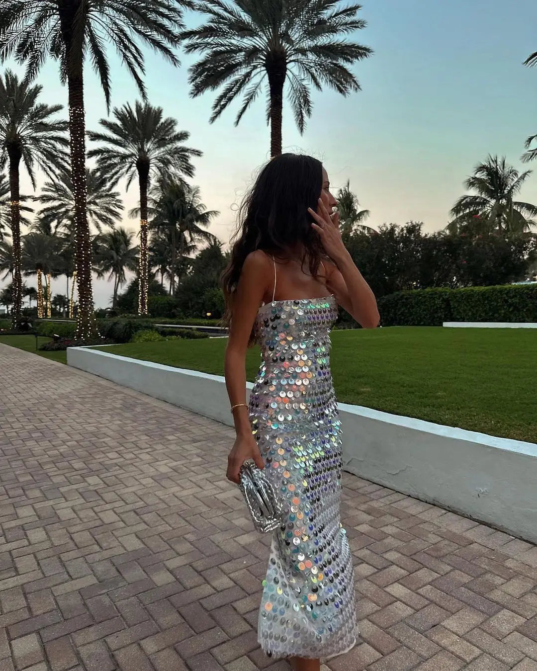 Silver/Green Sequin Party Night Elegant Sleeveless Spaghetti Strap  Maxi Bodycon Dresses