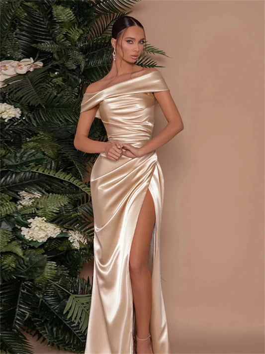 Elegant Evening Party Dress Women Satin Sleeveless Backless Side Slit Ruched Maxi Dresses