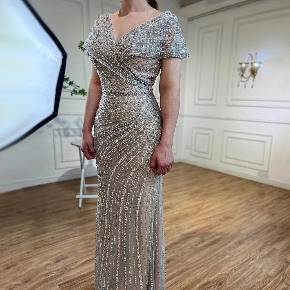 Serene Hill Silver Mermaid Elegant Evening Gowns Beaded Luxury Sparkle