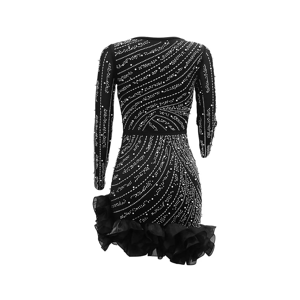 Long Sleeve V Neck Transparent Club Dress Sexy Glittering Diamonds Dress