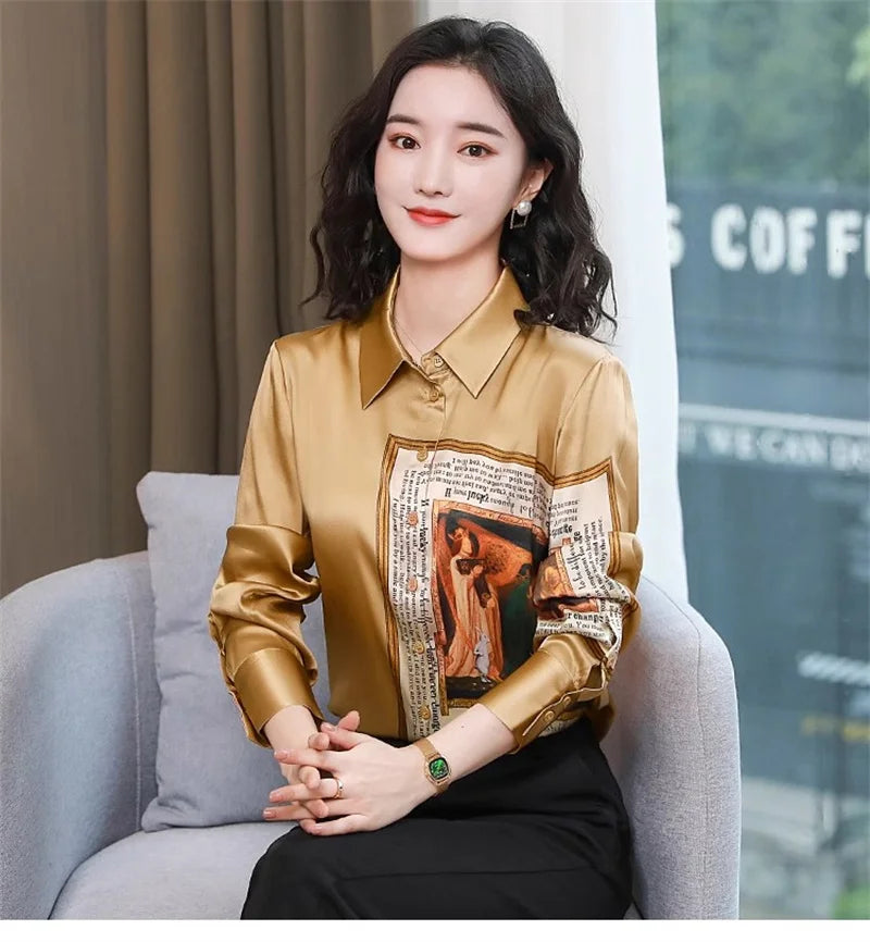 Luxury Vintage Women Brown Satin Shirts High Quality