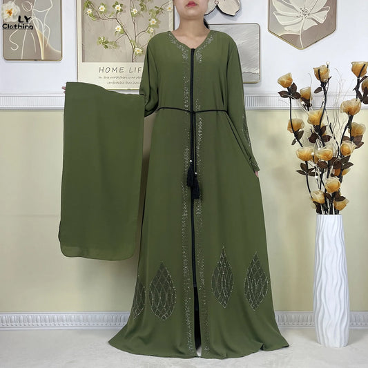 Long Sleeved Chiffon Diamonds Loose Fit Femme Robe Islam Maxi Dubai Fashion