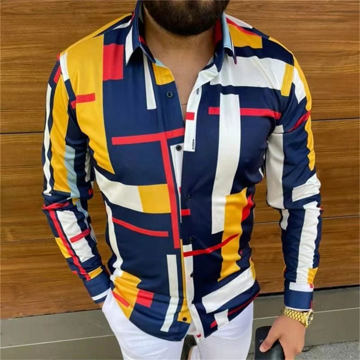 Men's High-end Luxury Shirt 3D Color Printed Long Sleeve Fall Smooth Shirt