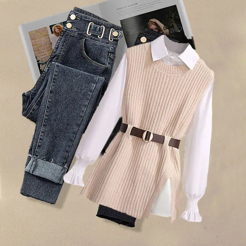 Knitted Vest Shirt Casual Slim Jeans Three Piece Set