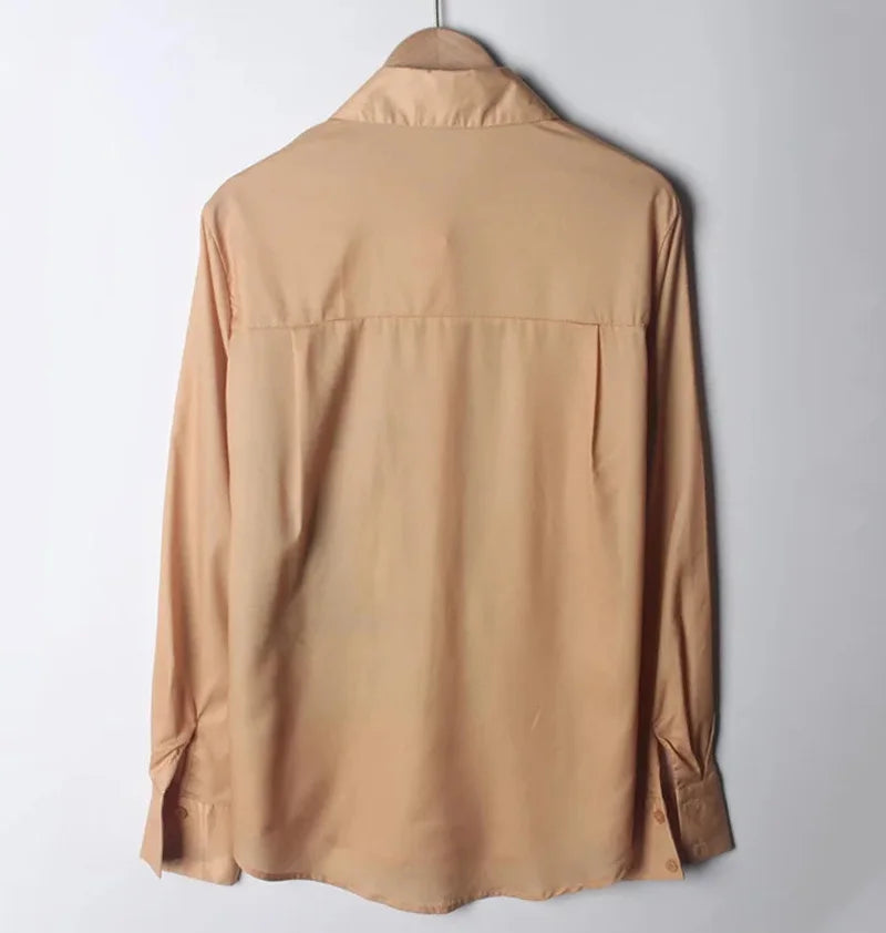 Luxury Vintage Women Brown Satin Shirts High Quality