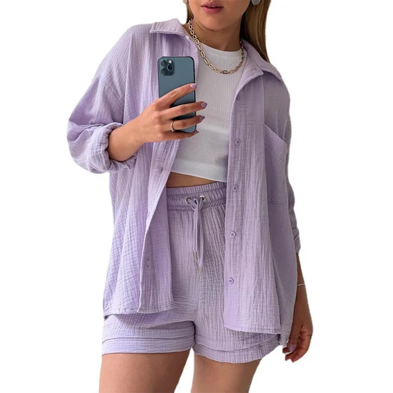 Women's Wrinkled Lapel Long-sleeved Shirt High-waist Drawstring Shorts Commuter Fashion Casual Two-piece Set