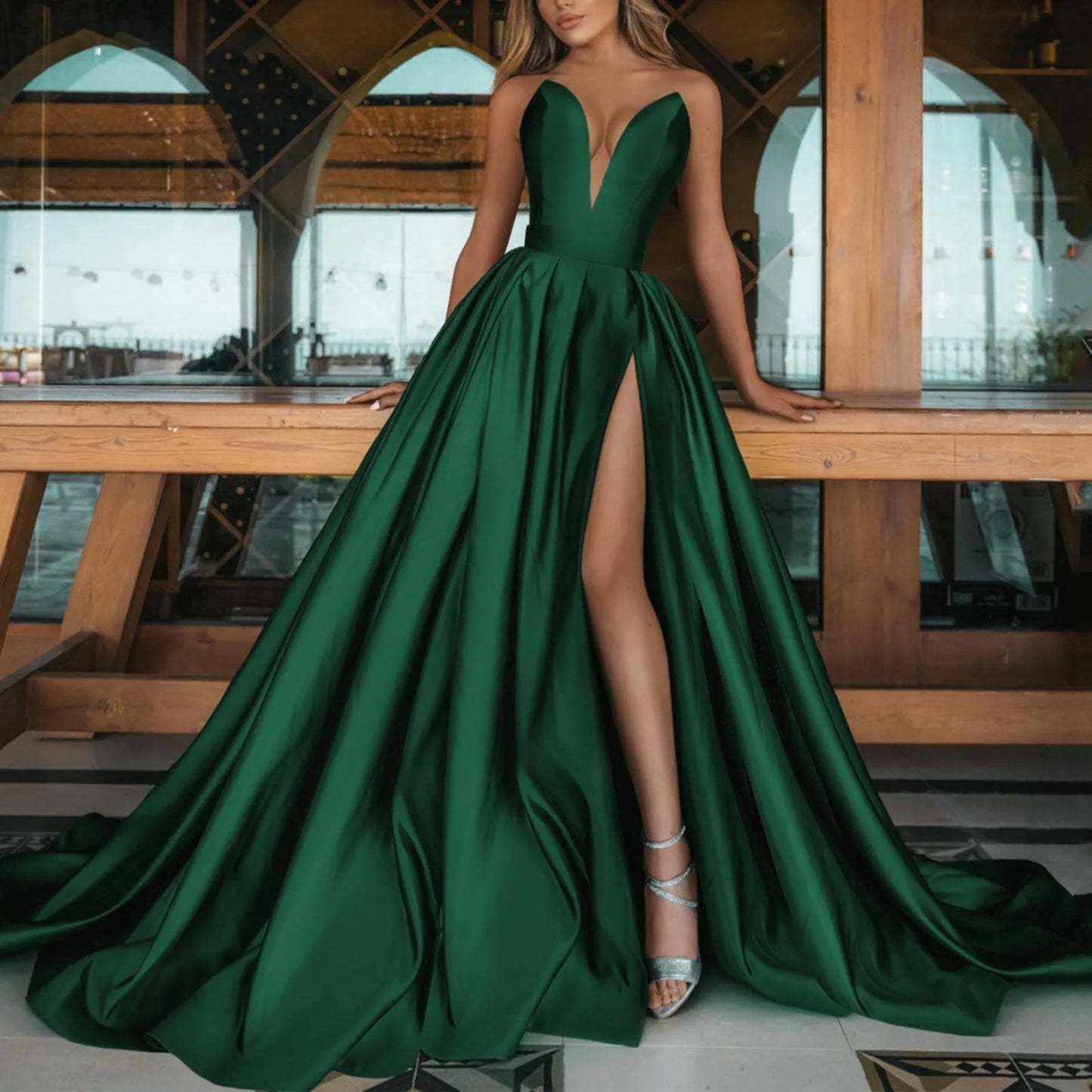 Evening Dress Women Elegant Satin Sleeveless Off The Shoulder