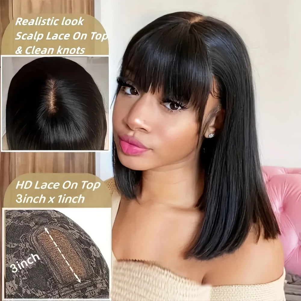 3x1 HD Lace Middle Part Straight Bob Human Hair Wigs With Bang Virgin Full Machine Made Wigs Short Bob Brazilian Human Hair Bob