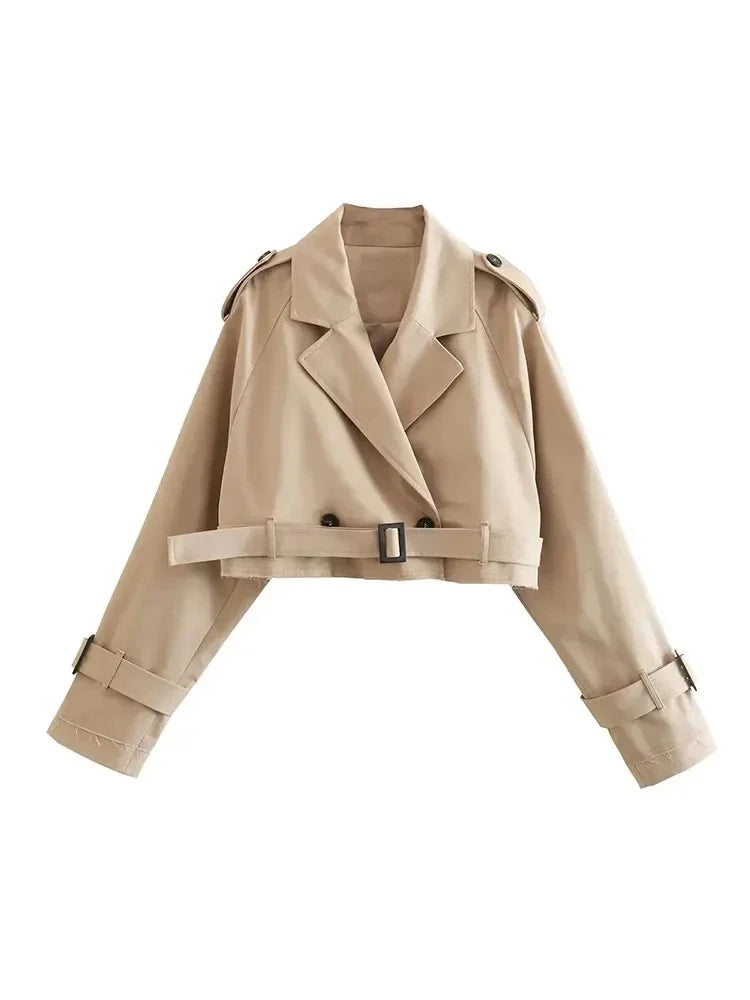 Belt Cropped Trench Spring Jacke Double Breasted