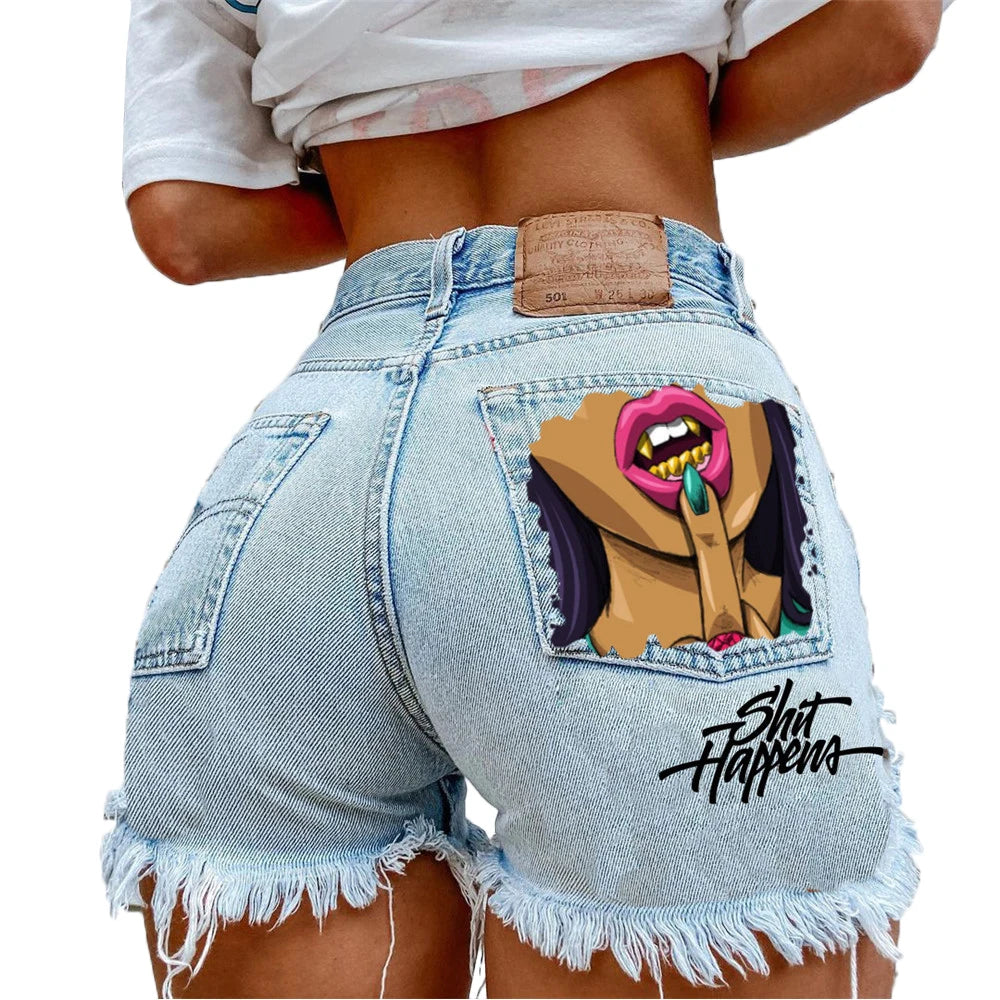 Denim Shorts Women High Street Net Red Lips Printed Jean Shorts