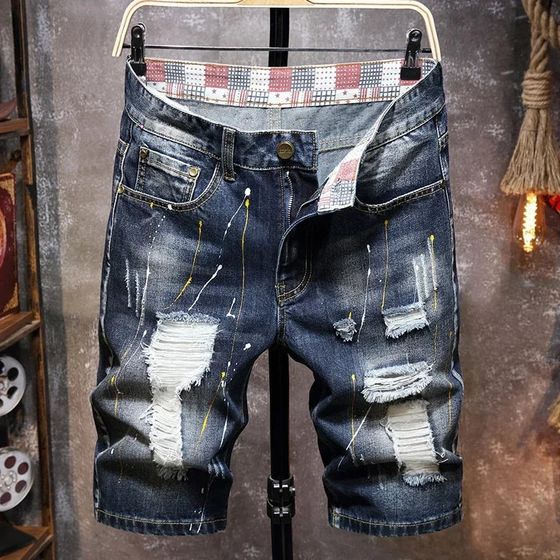 Men's Jeans Trend Beggar Quarter Pants Ripped Denim Shorts Loose Straight Painted