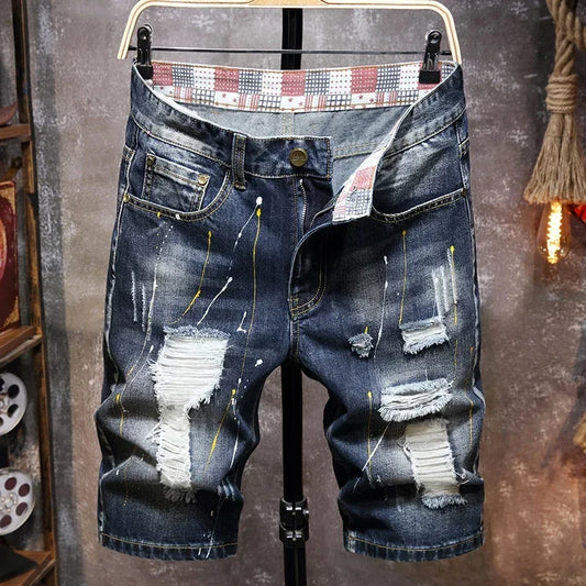 Men's Jeans Trend Beggar Quarter Pants Ripped Denim Shorts Loose Straight Painted