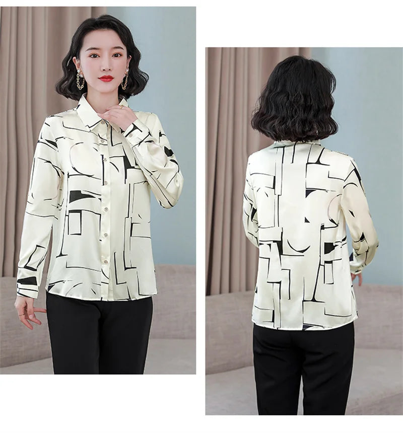 Satin Shirts Fashion Print Autumn Long Sleeve Polin Female Blouses