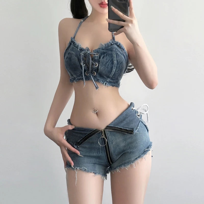 Sexy denim vest shorts set