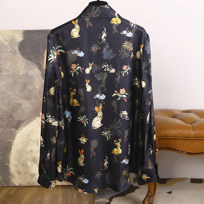 Blusas mujer Black Rabbit Print Blouse Shirts Women