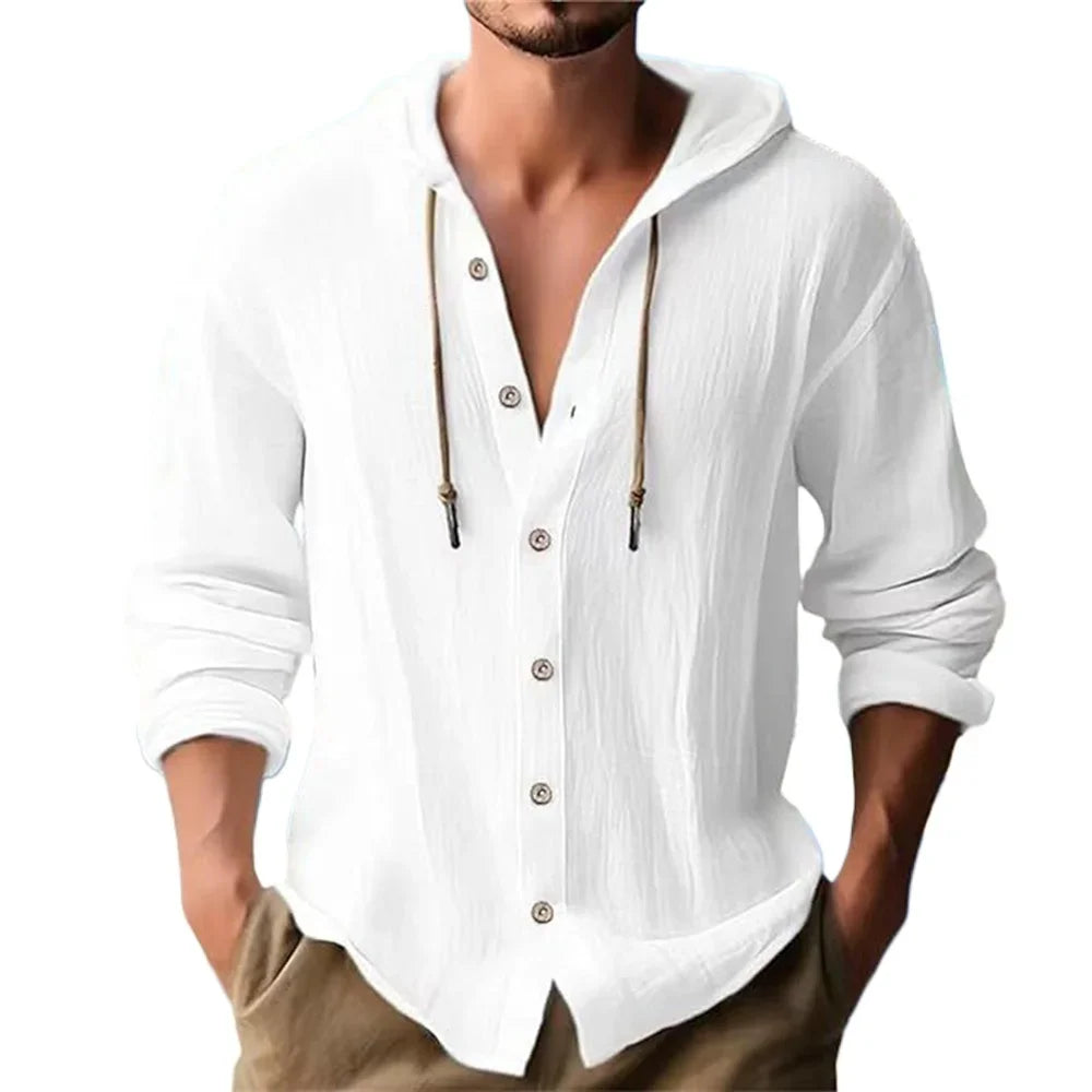 Men's Cotton Linen Shirts Long Sleeve Hooded Cardigan