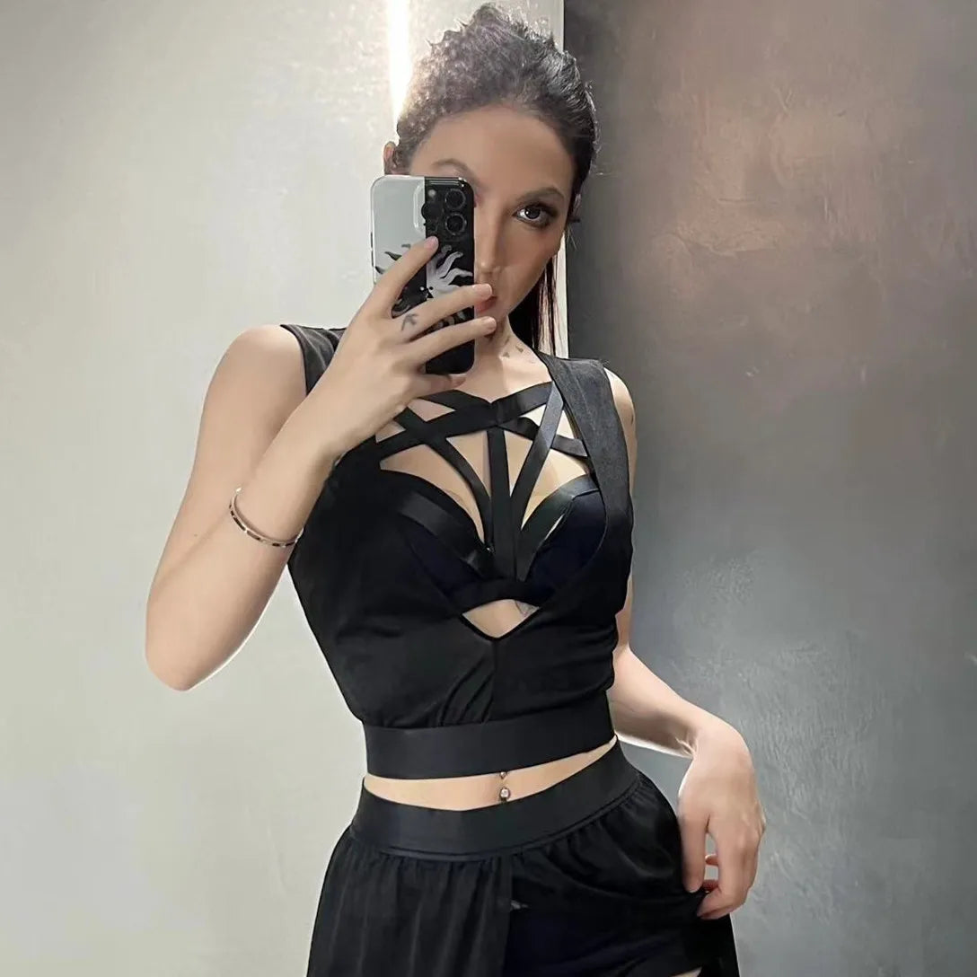 Corsets Skirt Set Women Sleeveless Black Crop Bra Top Bandage Underpants Slit Skirt 4pcs Sets