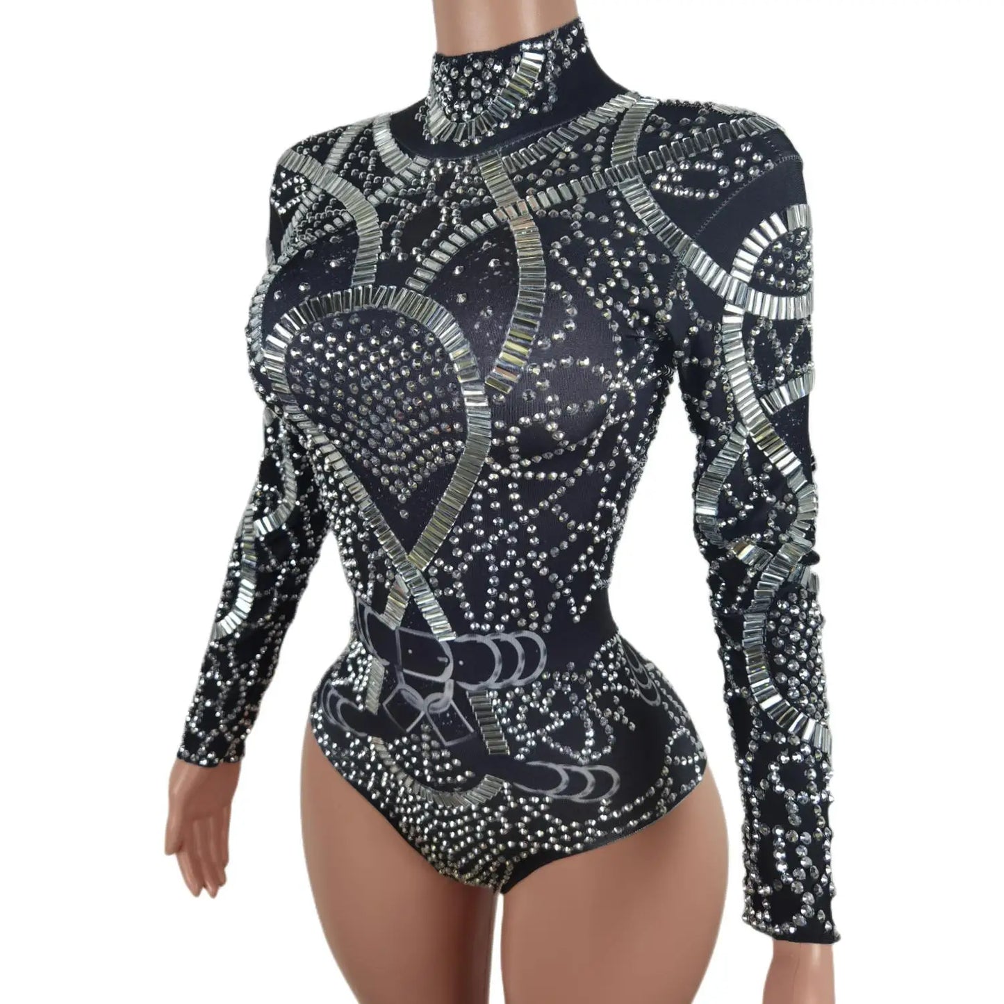 Crystals Elastic Leotard Silver Rhinestones Long Sleeve Bodysuit