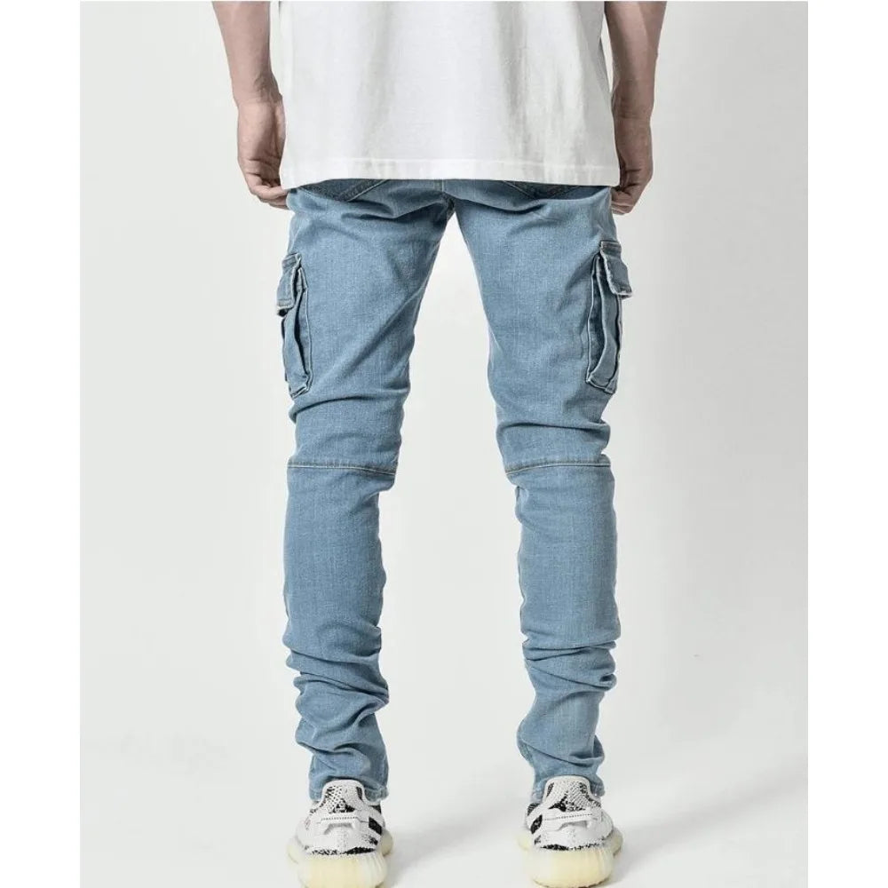 Men's Jeans Denim Pant Mid Waist Cargo Jean Male Slim Fahsion Casual Trousers