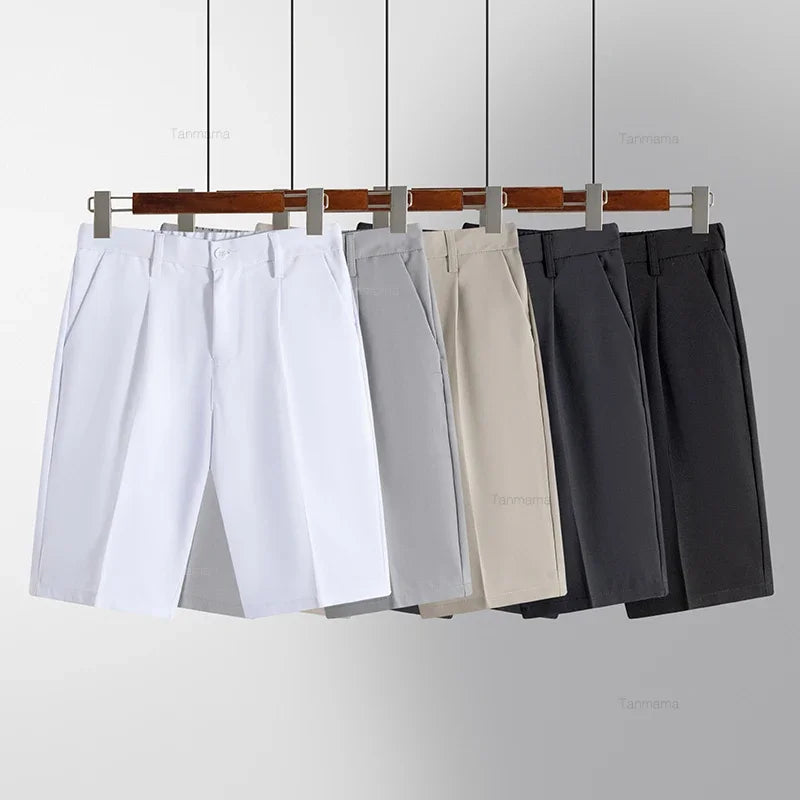 Drape Fabric Casual Shorts Solid Color Business Straight Elastic Fashion Suit Pants Black White Khaki