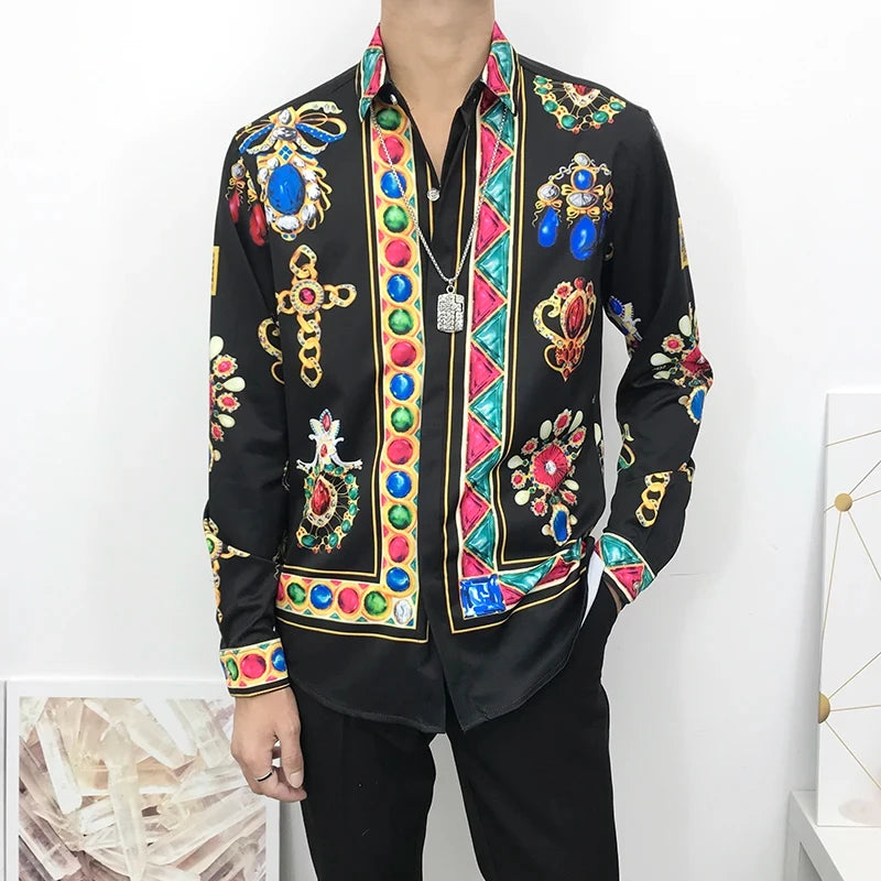 3D Baroque Long Sleeve Luxury Social Shirt V-neck Oversized Shirt