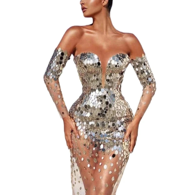 Long Sleeve Bare Shoulder Glitter Sequined Dress See Through Bodycon  Cocktail Party Dress