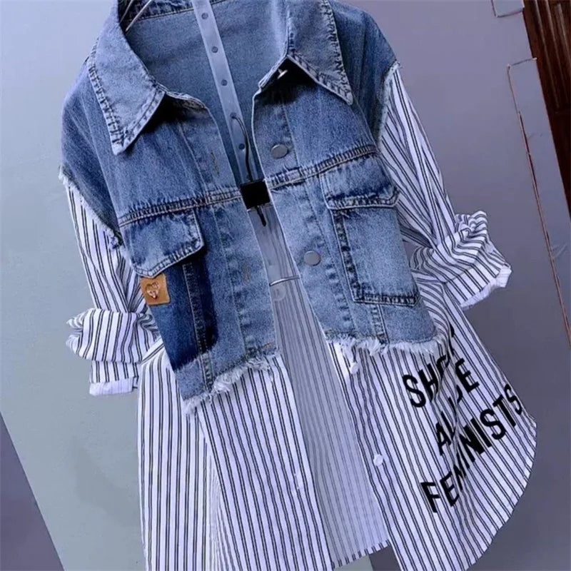 Striped Denim Jacket  New Design Sense Stitching  Coat Top