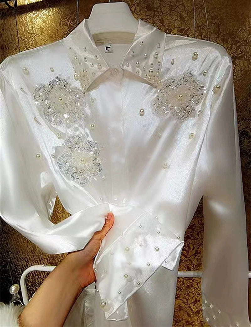 Luxury Style Peals Beaded Sequined Stitch White Blouses Shirts For Women