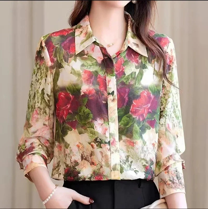 Vintage Rose Print Women Casual Shirts