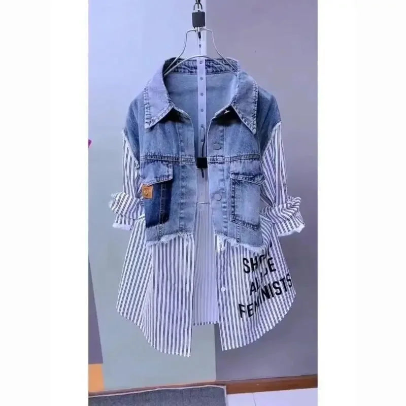 Striped Denim Jacket  New Design Sense Stitching  Coat Top