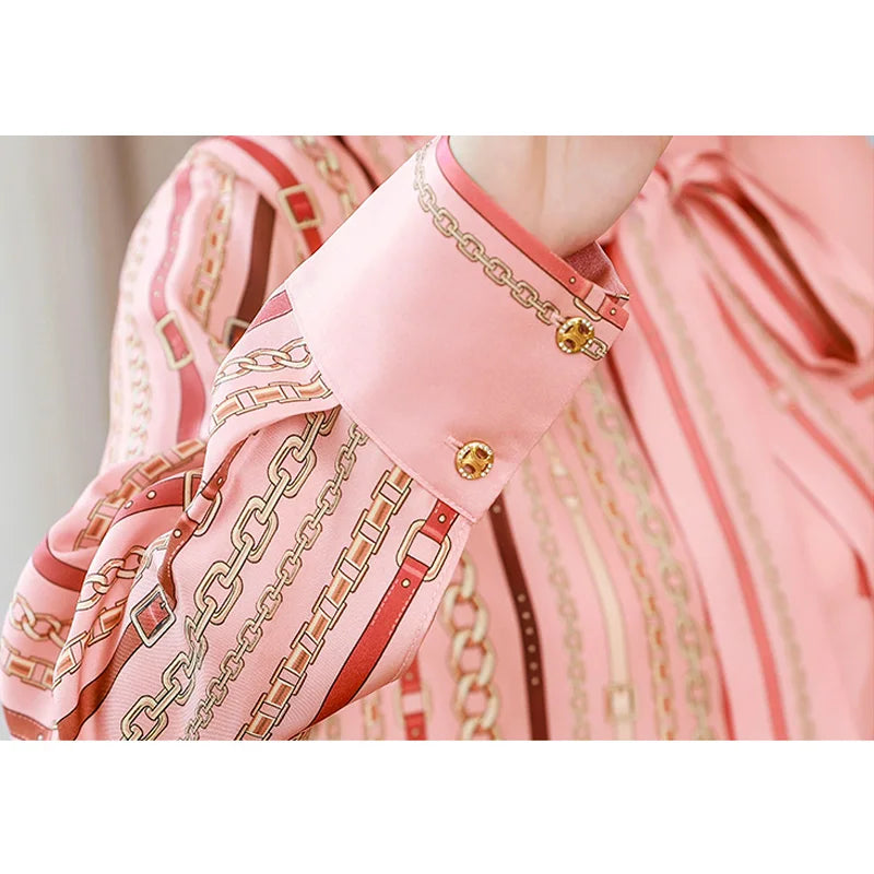 Bow Tie Neck Blouse  Long Sleeve  Pink Luxury