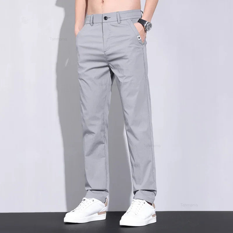 Ultra-thin Elastic Men's Casual Pants Ice Silk Cotton Fashion Slim Straight Business Trousers Black Gray Khaki