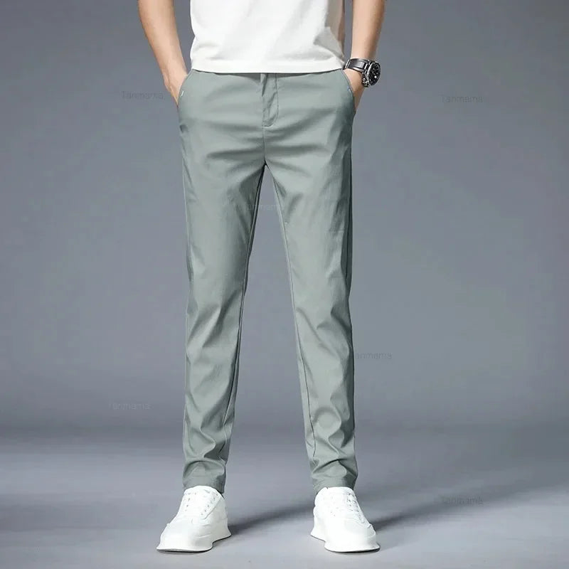 Ultra-thin Men's Casual trousers Slim Straight Elastic Ice Silk Sports