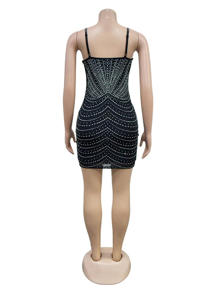 iDress Mesh Sexy Dress Rhinestone Sleeveless Elastic Bodycon