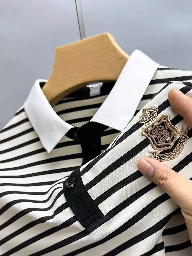 Luxury and fashionable striped ice silk short sleeve POLO shirt