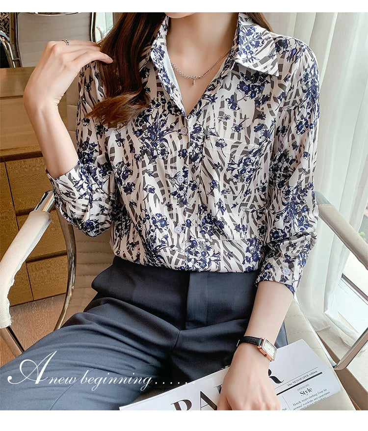 Vintage Casual Women Silk Shirts Autumn Long Sleeve Lapel Button