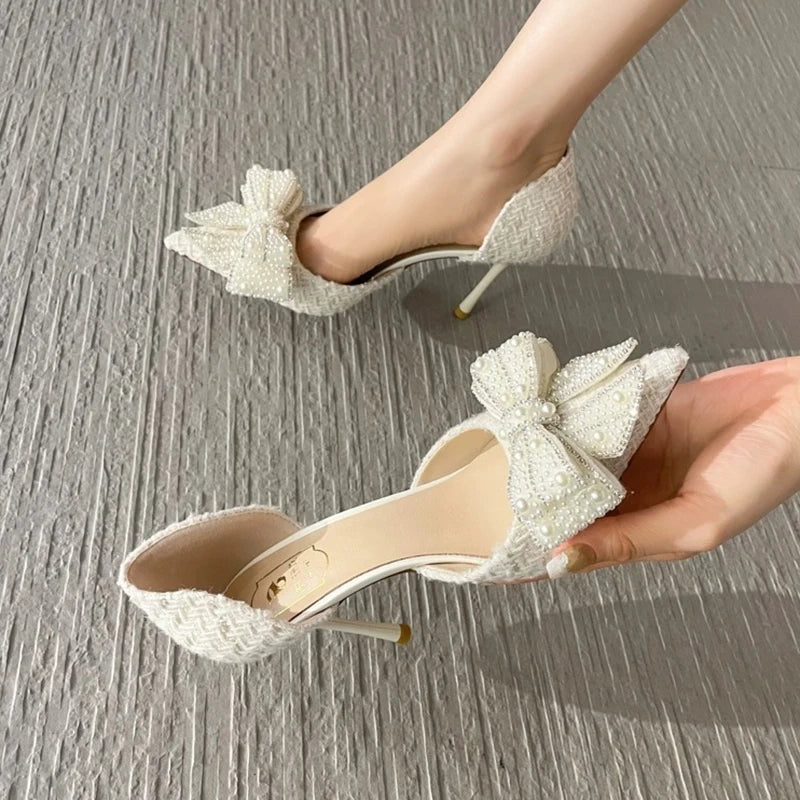 Luxury Pearl Crystal Bowtie White Wedding Shoes