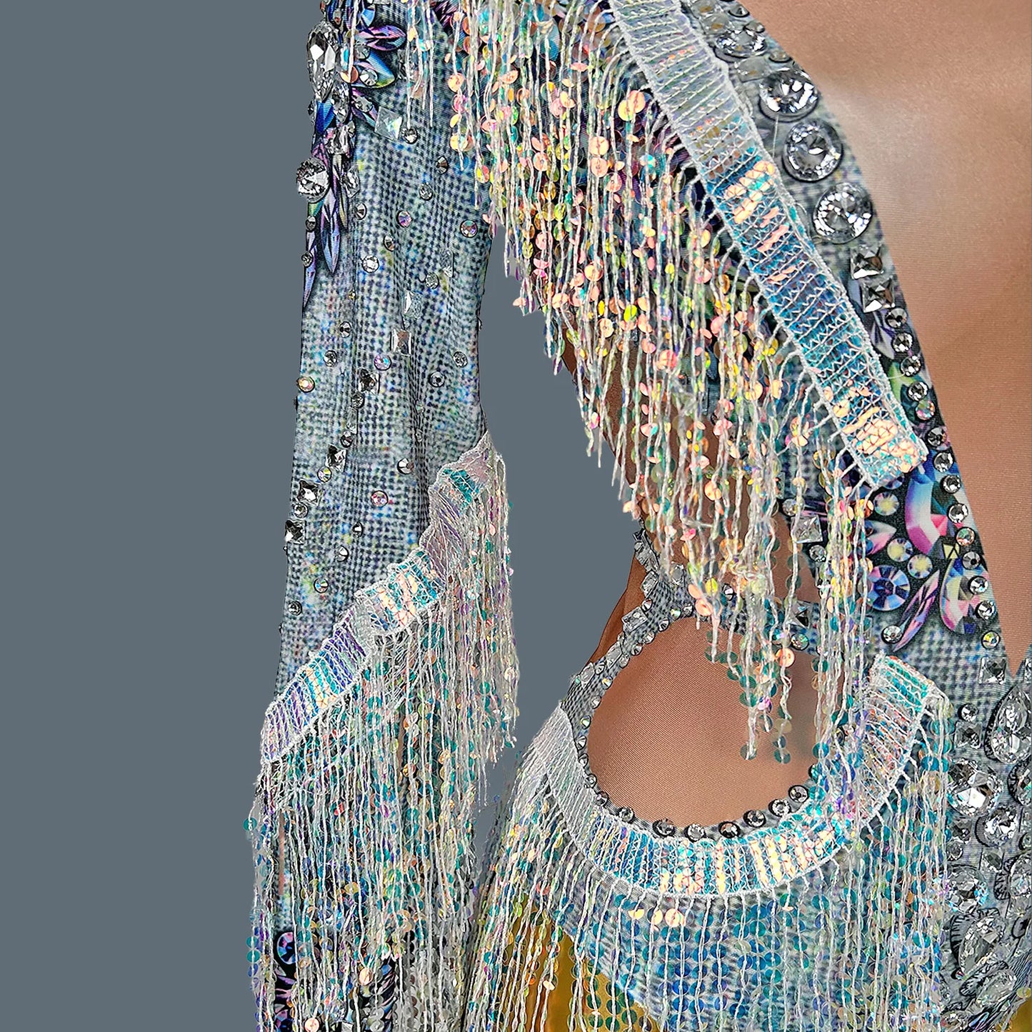 Women Rhinestone Sequins Tassel  Bodysuit