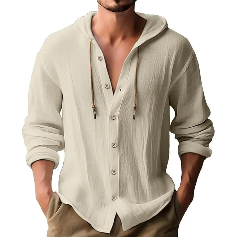 Men's Cotton Linen Shirts Long Sleeve Hooded Cardigan