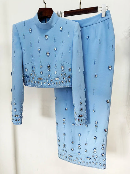Runway Suit Set Women's Stand Collar Zip Back Cropped Tops Long Skirt Set 2pcs