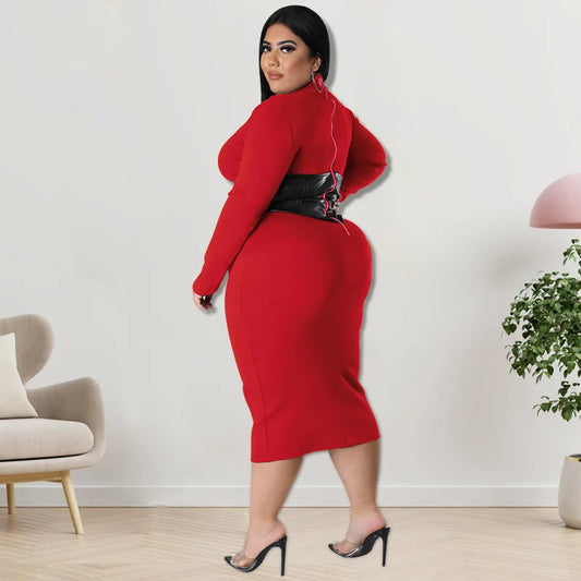 Plus Size Leather Patchwork Dress Female Party Street Outfit