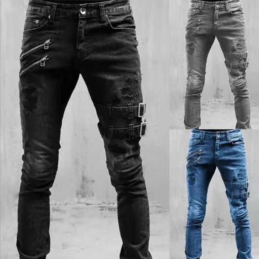 Plus Size Straight Jeans Man Skinny Zips 3 Colors Cacual Long Denim Trousers